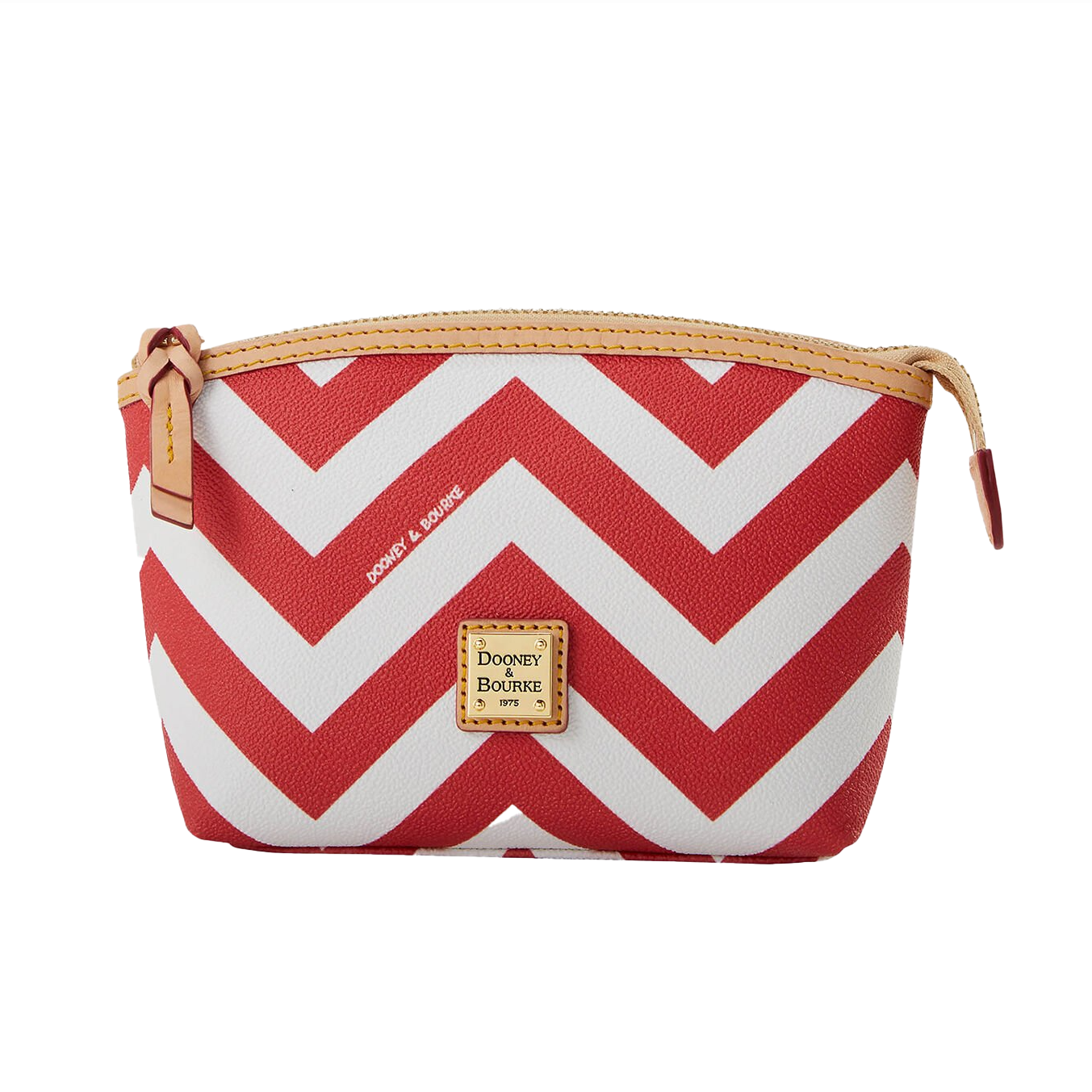 Red and white chevron-patterned Dooney & Bourke cosmetics bag with a tan zipper and leather accents, featuring a gold logo patch.
