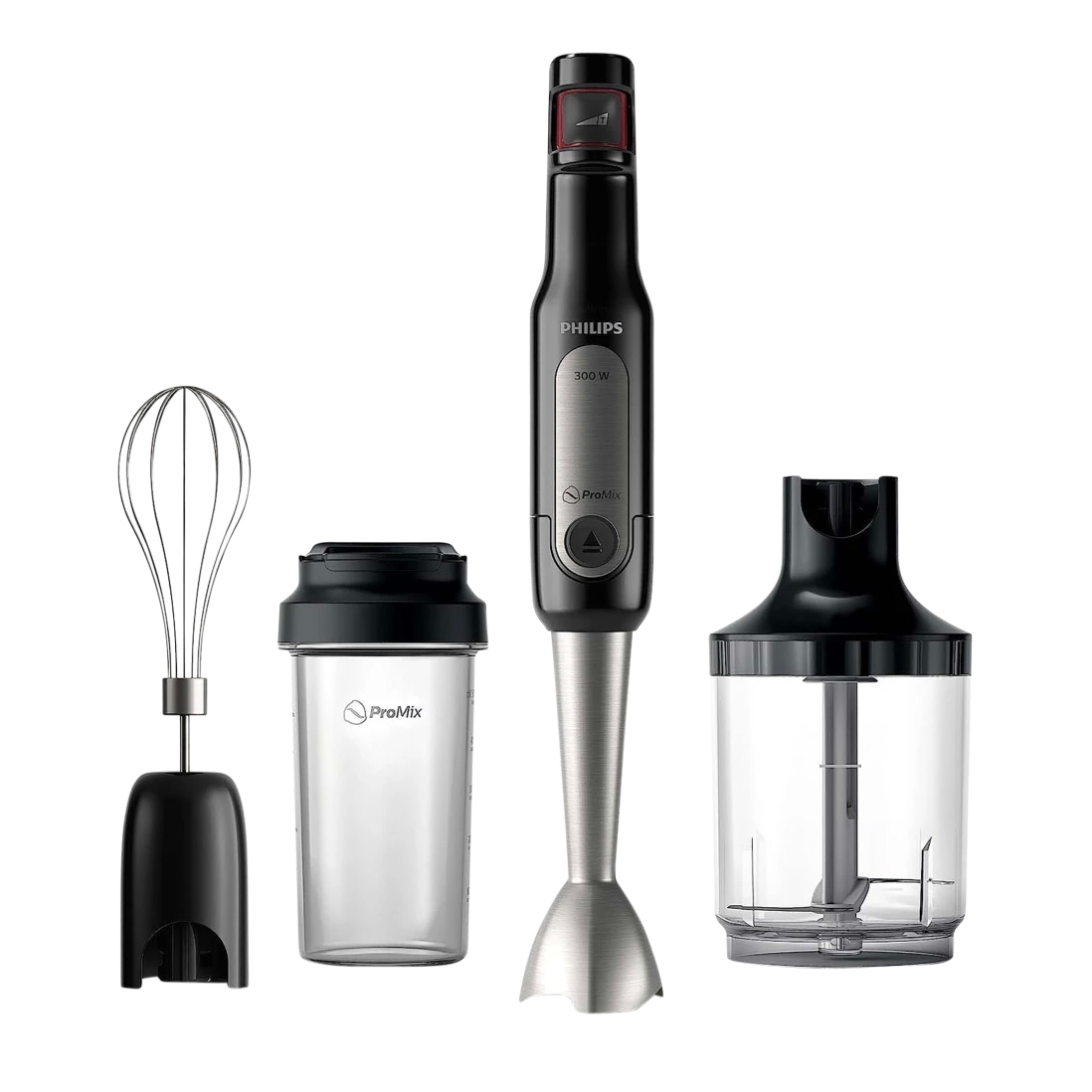 Philips Hand Blender Set includes a hand blender with a stainless steel blending attachment, a whisk attachment, a beaker with a lid, and a chopper attachment, all designed for versatile mixing and blending tasks.