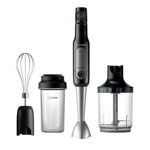 Philips Hand Blender Set includes a hand blender with a stainless steel blending attachment, a whisk attachment, a beaker with a lid, and a chopper attachment, all designed for versatile mixing and blending tasks.