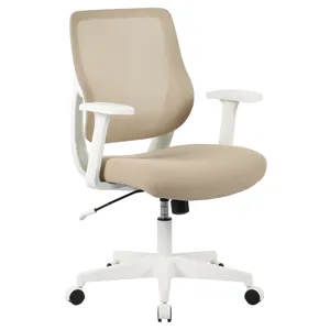 A beige office chair with a mesh back, adjustable arms, and a white frame, featuring a height adjustment lever and five caster wheels for mobility.