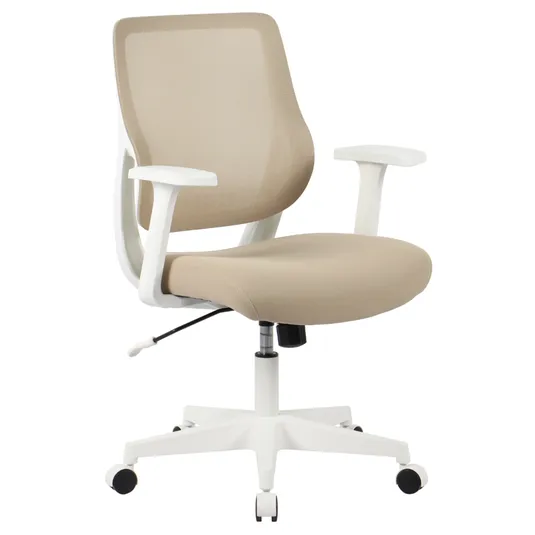 A beige office chair with a mesh back, adjustable arms, and a white frame, featuring a height adjustment lever and five caster wheels for mobility.
