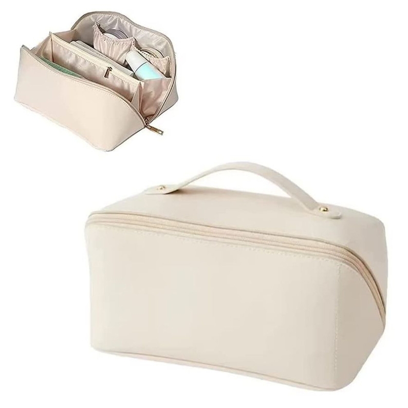 A beige travel cosmetic case with a handle and zip closure. Inside, it has multiple compartments for organizing toiletries, including pockets and a divider, shown holding items like bottles and makeup.