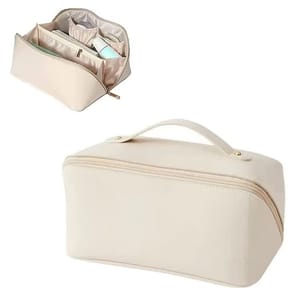 A beige travel cosmetic case with a handle and zip closure. Inside, it has multiple compartments for organizing toiletries, including pockets and a divider, shown holding items like bottles and makeup.