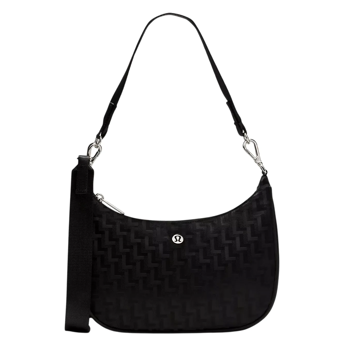 A black crescent-shaped shoulder bag with a textured pattern and the Lululemon logo, featuring a detachable strap and silver clasps.