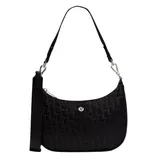 A black crescent-shaped shoulder bag with a textured pattern and the Lululemon logo, featuring a detachable strap and silver clasps.