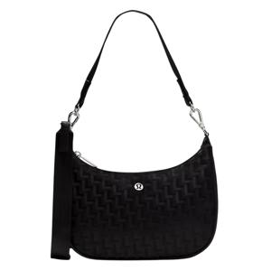 A black crescent-shaped shoulder bag with a textured pattern and the Lululemon logo, featuring a detachable strap and silver clasps.