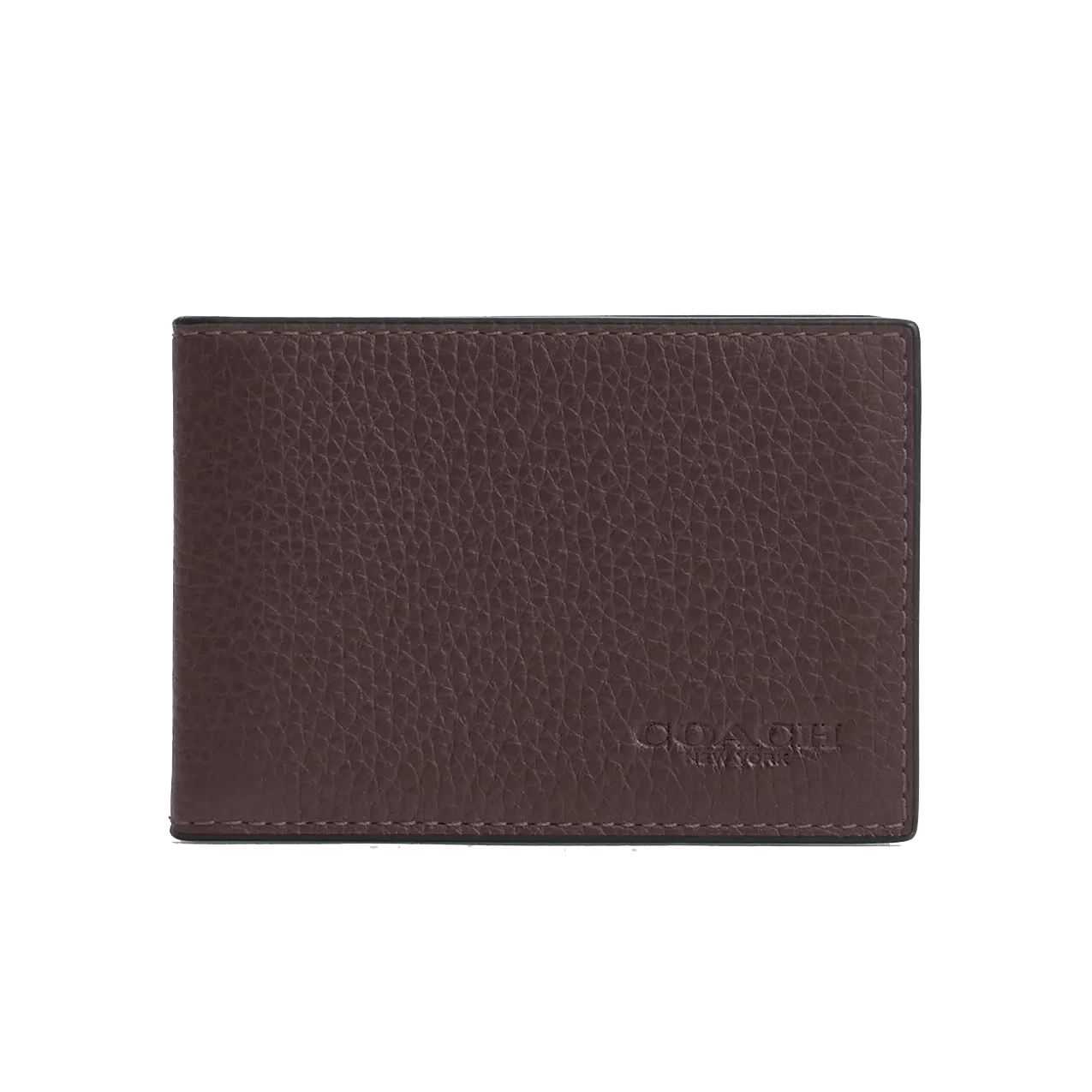 A brown leather Coach Compact Billfold Wallet with a textured finish, featuring the Coach New York logo embossed in the corner.