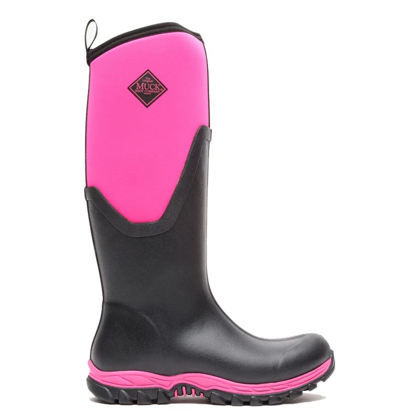 A tall rubber boot with a pink neoprene upper and black lower, featuring a sole designed for traction. The boot is from The Original Muck Boot Company, known for outdoor and weather-resistant footwear.