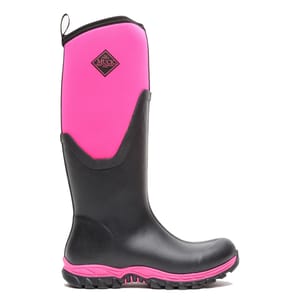 A tall rubber boot with a pink neoprene upper and black lower, featuring a sole designed for traction. The boot is from The Original Muck Boot Company, known for outdoor and weather-resistant footwear.