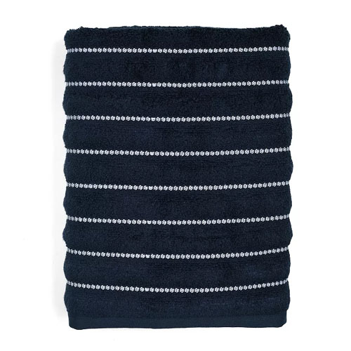 A dark blue towel with small white horizontal stripes, folded neatly.
