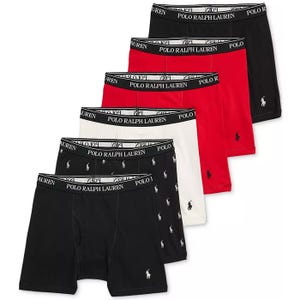 A 6-pack of Polo Ralph Lauren boxer briefs featuring a variety of colors: black, red, and white. Each pair has the brand's logo on the waistband and the signature embroidered pony logo on the leg.