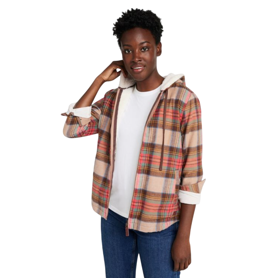 A person is wearing a plaid jacket with a sherpa-lined hood over a white shirt and blue jeans. The jacket features a blend of red, beige, and green colors.