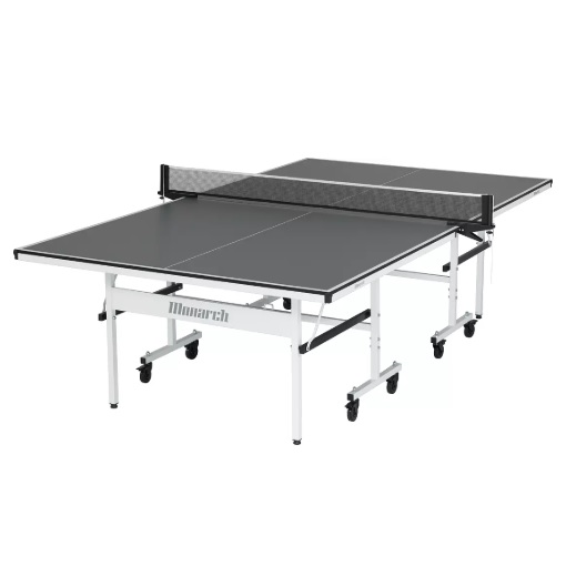 A black Monarch table tennis table with a net, folding legs, and wheels for easy mobility.