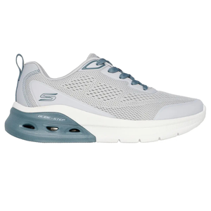 A light gray and blue athletic shoe with a breathable mesh upper design and a thick, cushioned sole featuring \“GLIDE-STEP\“ written on the side.