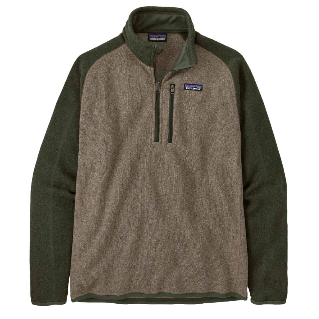 A brown and dark green quarter-zip fleece pullover with a chest pocket and a small logo label on the front.