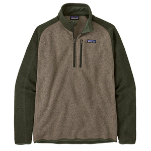 A brown and dark green quarter-zip fleece pullover with a chest pocket and a small logo label on the front.