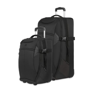 Two black wheeled suitcases with telescopic handles, one larger than the other, featuring strap closures and a sleek design for travel.