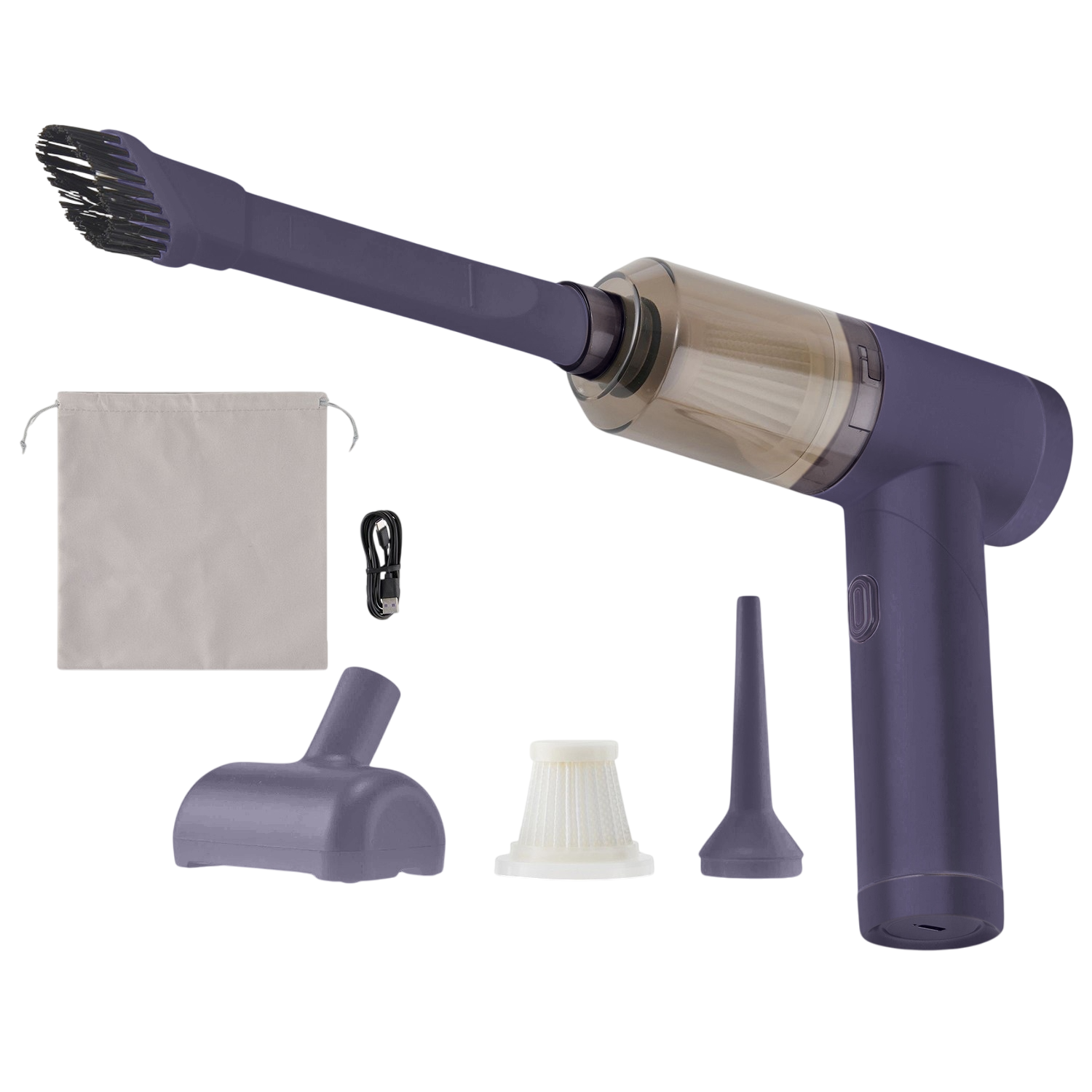 Cordless mini vacuum cleaner with attachments, including a brush nozzle, crevice tool, mini motorized brush, extra filter, USB charging cable, and a storage bag.