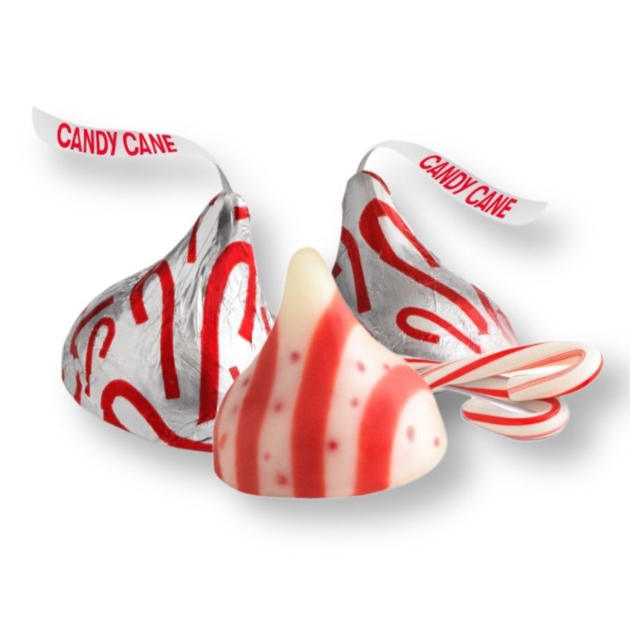 Candy cane-flavored chocolates with red and white swirls and silver wrappers featuring red candy cane designs.