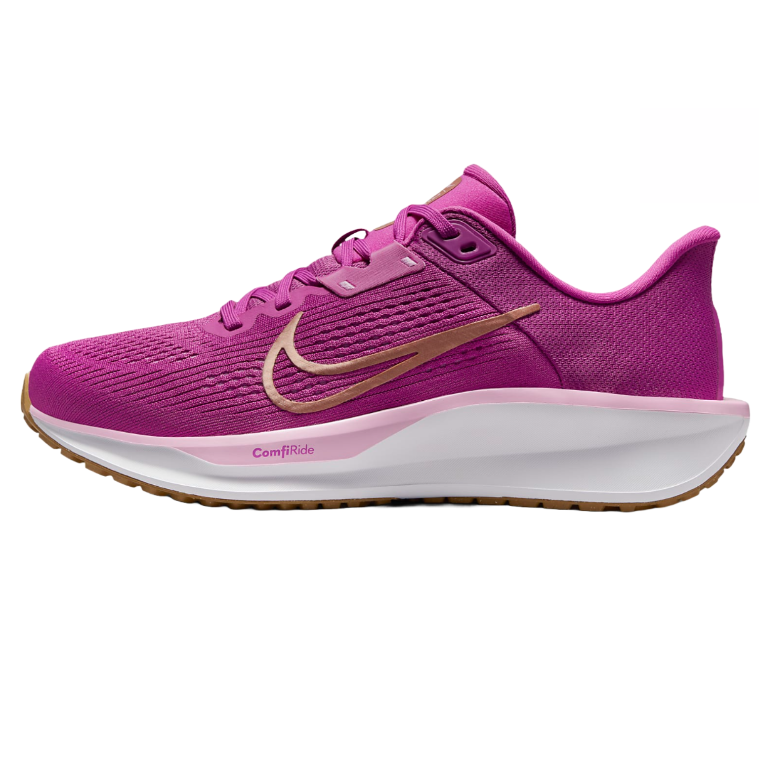 Nike Quest 6 Running Shoes in vibrant magenta feature a sleek design with a golden swoosh, white midsole, and brown rubber outsole, emphasizing comfort with ComfiRide technology.