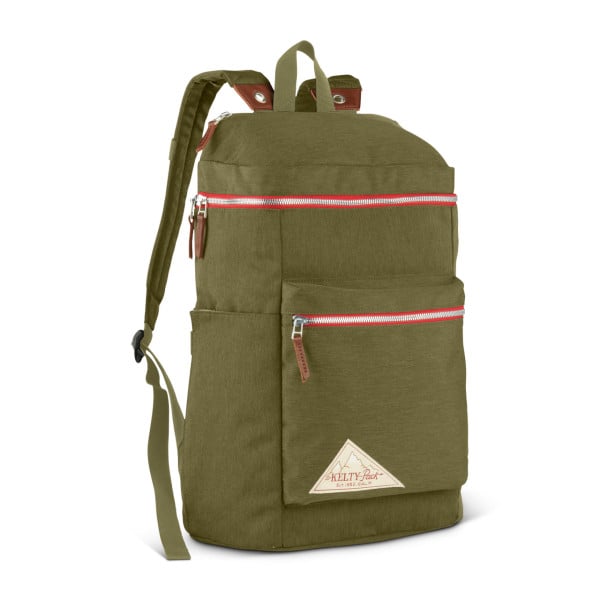 A green backpack with red zippers, featuring a front zippered pocket and a branded patch.