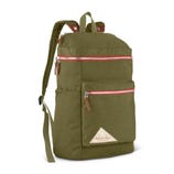 A green backpack with red zippers, featuring a front zippered pocket and a branded patch.