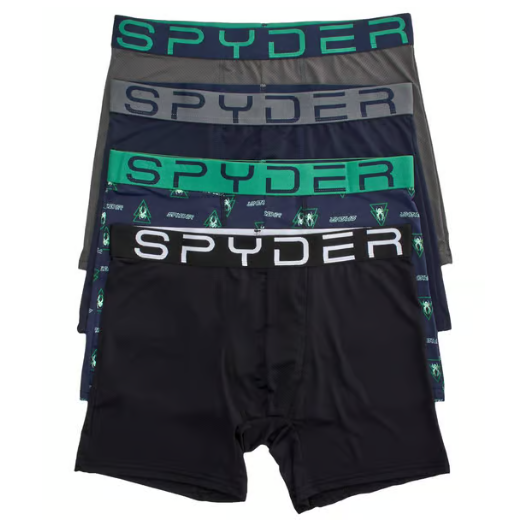 A set of five Spyder brand boxer briefs in various colors and patterns, featuring different colored waistbands with the Spyder logo.