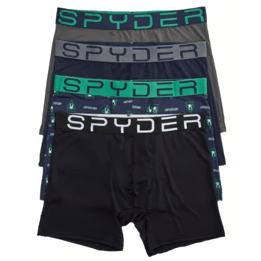 A set of five Spyder brand boxer briefs in various colors and patterns, featuring different colored waistbands with the Spyder logo.