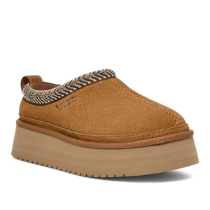Koolaburra by UGG Platform Slippers are tan suede slip-ons with a thick, cushioned platform sole and a woven pattern around the collar.