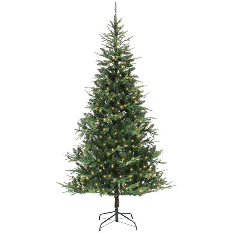 Philips 7.5' Lit Christmas Fraser Fir Tree features realistic green branches with warm, integrated lights, standing on a sturdy metal base.