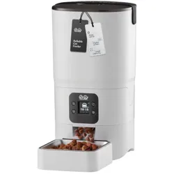 Automatic pet feeder dispensing dry food, featuring a digital display for scheduling and a refillable container.