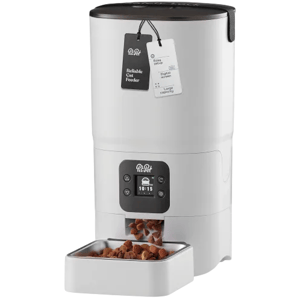 Automatic pet feeder dispensing dry food, featuring a digital display for scheduling and a refillable container.