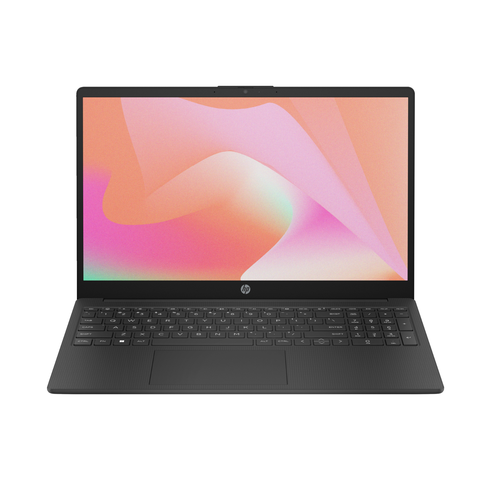 This is an HP 15-inch laptop featuring a full-size black keyboard and a large display with slim bezels, presented in a simple, straightforward design. The HP logo is visible on the lower bezel.