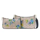 Two handbags featuring a beige background with a floral pattern in blue, green, and yellow. Both have gold hardware accents and dark straps.