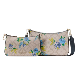 Two handbags featuring a beige background with a floral pattern in blue, green, and yellow. Both have gold hardware accents and dark straps.