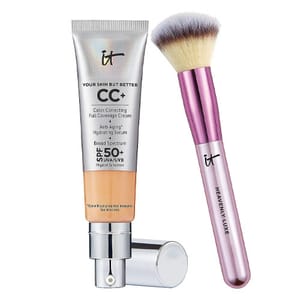 IT Cosmetics CC+ Cream is a color-correcting full coverage cream with SPF 50+ and anti-aging hydrating serum, paired with the Heavenly Luxe makeup brush featuring a purple handle and fluffy bristles for application.