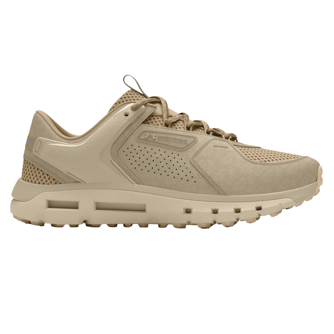 Tan athletic sneaker with a mesh upper, perforated details, and a thick, rugged sole.