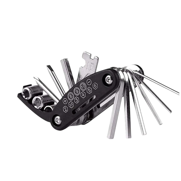 A 16-in-1 multifunctional tool featuring various tools like hex wrenches, screwdrivers, and a socket set, compactly designed for portability and convenience.