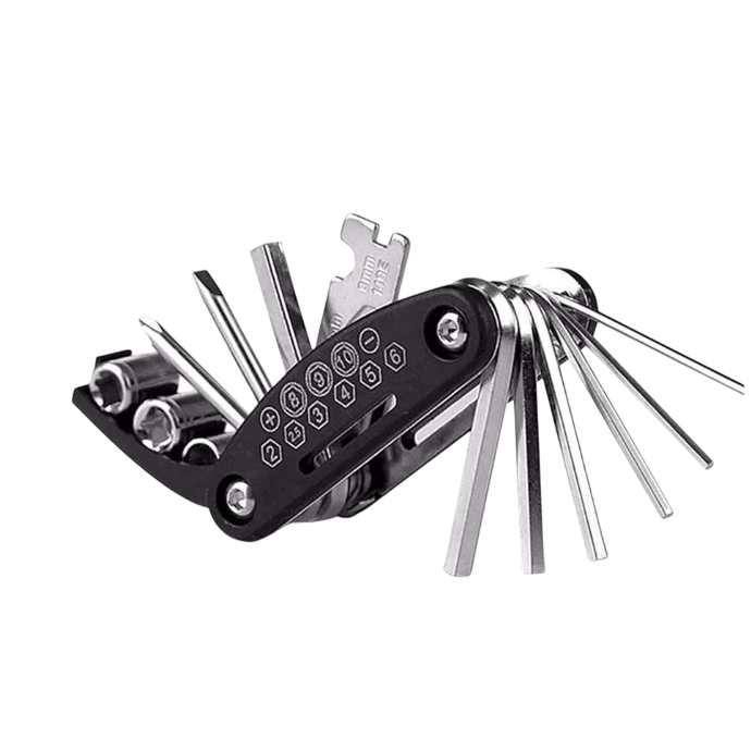A 16-in-1 multifunctional tool featuring various tools like hex wrenches, screwdrivers, and a socket set, compactly designed for portability and convenience.