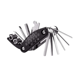 A 16-in-1 multifunctional tool featuring various tools like hex wrenches, screwdrivers, and a socket set, compactly designed for portability and convenience.
