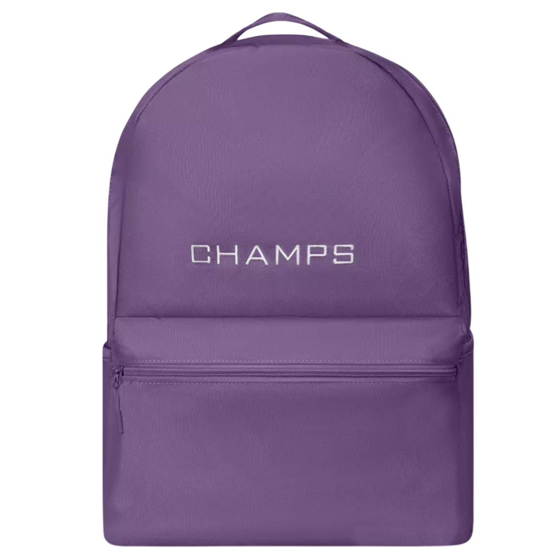 A purple backpack with the word \“CHAMPS\“ embroidered on the front, featuring a main compartment and a front zippered pocket.