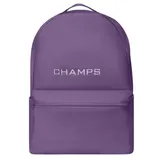 A purple backpack with the word \“CHAMPS\“ embroidered on the front, featuring a main compartment and a front zippered pocket.