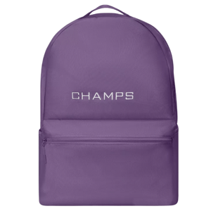 A purple backpack with the word \“CHAMPS\“ embroidered on the front, featuring a main compartment and a front zippered pocket.