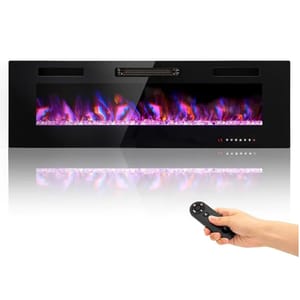 60\“ ultra-thin electric fireplace with a sleek black design, featuring multicolored flames and an included remote control for easy operation.