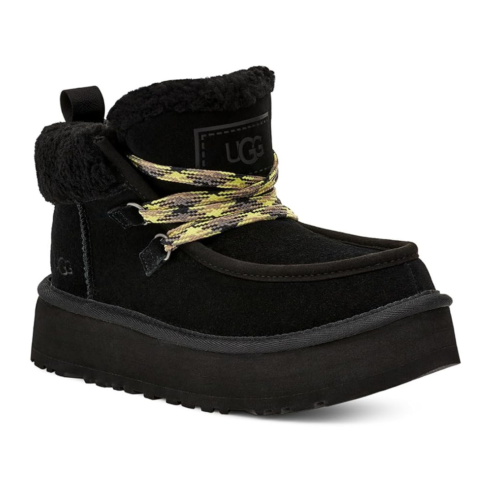 UGG Funkarra Cabin Cuff Booties feature a black, plush suede design with a fuzzy cuff and thick platform sole. They have multicolored laces adding a vibrant touch.