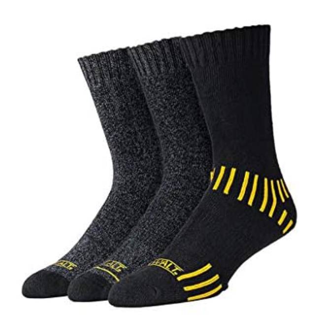 A trio of black and gray socks, two with a plain design and one featuring yellow stripes and accents.
