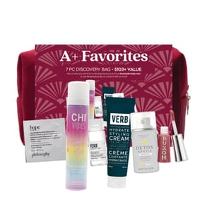 A collection of seven beauty products, including hair care and skin care items, displayed alongside a red cosmetic bag.