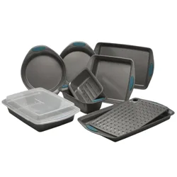 A set of non-stick bakeware includes round and square cake pans, a loaf pan, a covered rectangular cake pan, and a perforated baking pan, each with teal silicone grips.