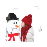 A canvas print features a child in a red hat and scarf interacting with a snowman wearing a black top hat and red scarf, set in a snowy backdrop.