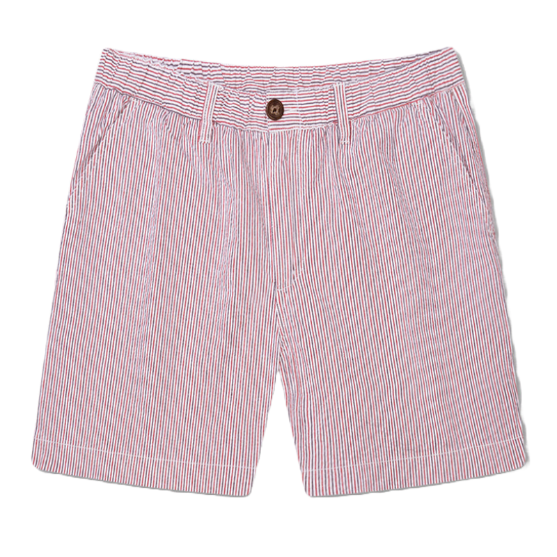 Red and white seersucker shorts with a button closure and belt loops. They feature side pockets and have a classic striped pattern.